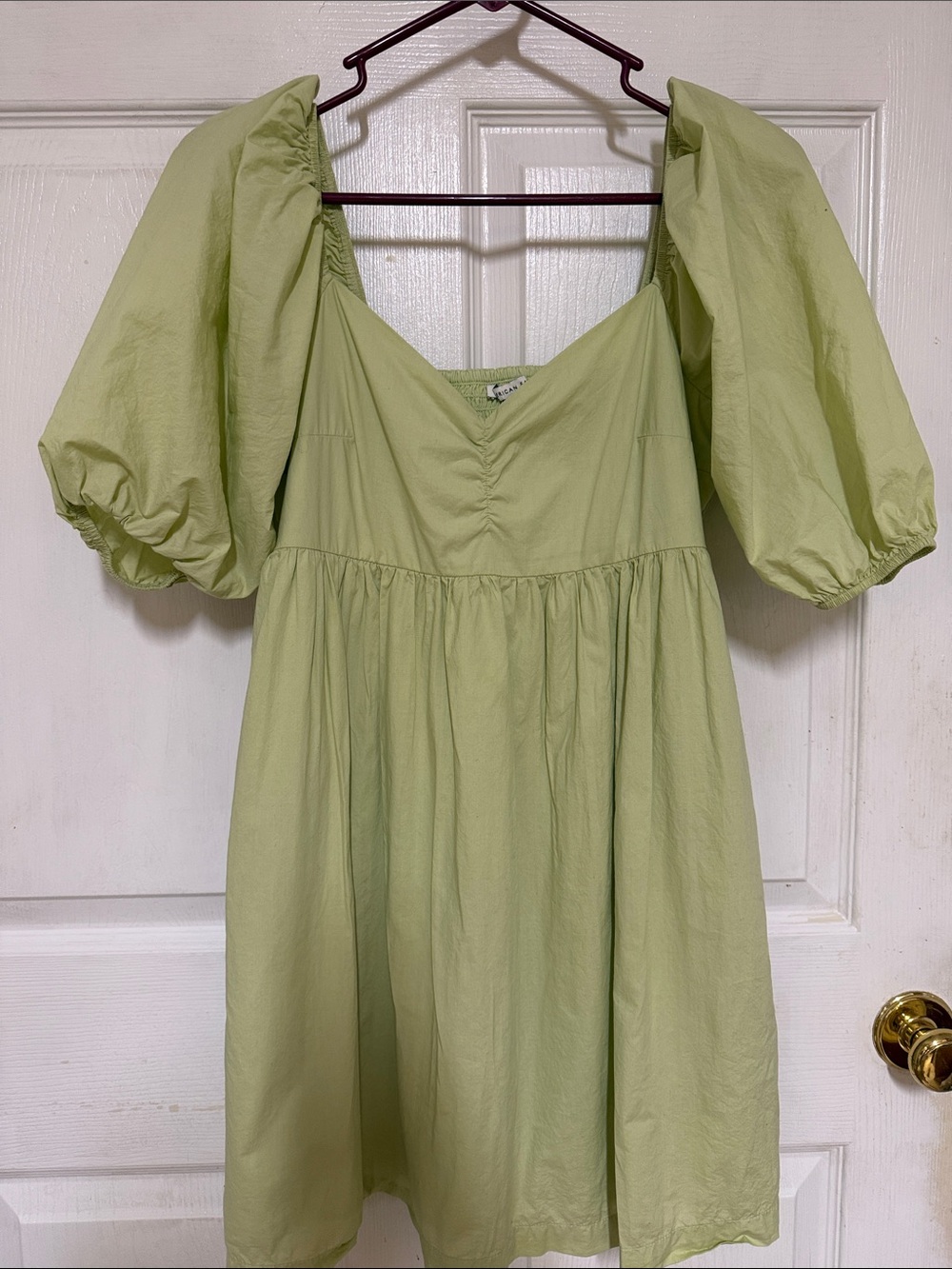 American Eagle Outfitters Light Sage Green Puff-Sleeve Mini Dress